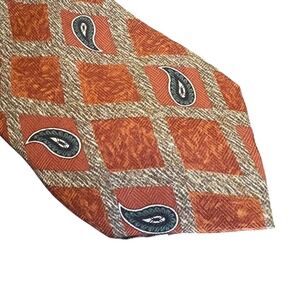 Retro Roffe Accessories Silk Tie Paisley Geometric Rust Brown Handmade Y2K‎